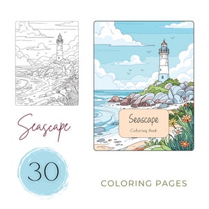 Op de afbeelding: Een kleurboekomslag met een zeegezicht. De omslag toont een vuurtoren op een rotsachtige kust met een blauwe lucht en witte wolken. De titel van het boek is "Seascape Coloring Book" en er zijn 30 kleurplaten.