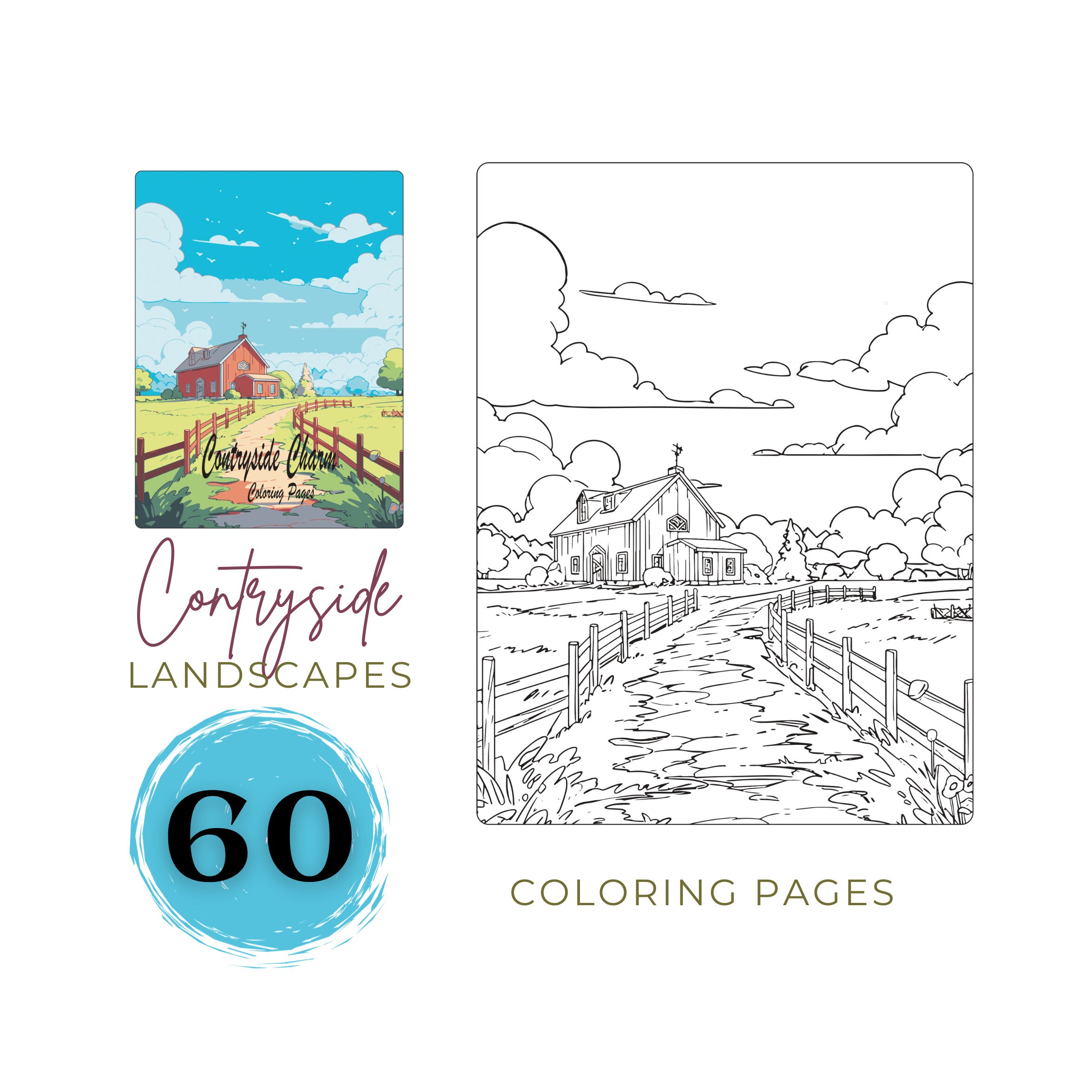 Landscape Coloring Pages Printable Countryside Coloring Book for Adults ...