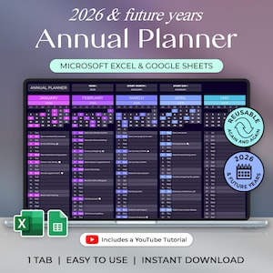 Può includere: Planner annuale digitale per il 2026 e gli anni futuri, progettato per Microsoft Excel e Google Sheets. Il planner presenta un layout del calendario con i mesi da gennaio a maggio visualizzati. Include un tutorial di YouTube. Facile da usare e download immediato.
