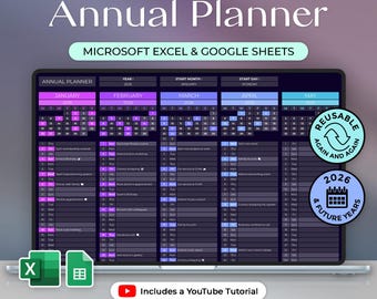 Annual Planner - 2026 & Future Years - Events, Birthdays, Daily Notes - Calendar - Excel and Google Sheets - Dark Theme - Instant Download
