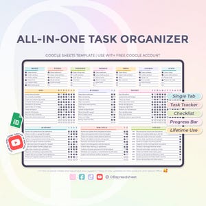Alles-in-één taakorganisator - takenlijst met één pagina - dagelijks wekelijks maandelijks jaarlijks - sjabloon voor Google Spreadsheets - direct downloaden