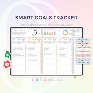 Smart Goals Tracker - Raggiungi i tuoi obiettivi con facilità - Task Tracker - Modello di Fogli Google - Foglio di calcolo - Download immediato