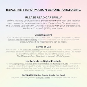 Pode incluir: Informa&ccedil;&otilde;es importantes antes de comprar um produto digital. O texto explica que o produto &eacute; para uso pessoal apenas e que n&atilde;o h&aacute; reembolsos dispon&iacute;veis para produtos digitais. Tamb&eacute;m menciona que o produto &eacute; compat&iacute;vel com Google Sheets, mas n&atilde;o com Excel. O texto inclui o canal do YouTube @OBspreadsheet.
