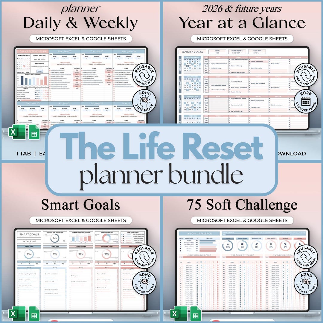 The Life Reset Planner Bundle - Excel and Google Sheets - Ocean Theme ...