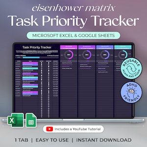 Op de afbeelding: Een digitale taakprioriteitstracker weergegeven op een laptopscherm. De spreadsheet is verdeeld in kolommen: 'Do Now', 'Schedule', 'Delegate' en 'Delete'. De tekst 'eisenhower matrix Task Priority Tracker' staat bovenaan. Inclusief een YouTube-tutorial.