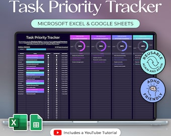 Task Priority Tracker - Eisenhower Matrix - Decision Matrix - To Do - Excel and Google Sheets Template - Dark Theme - Instant Download