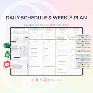 Daily Schedule & Weekly Plan - Excel and Google Sheets Template - Daily Checklist - To Do - Weekly Planner - Spreadsheet - Instant Download image 4
