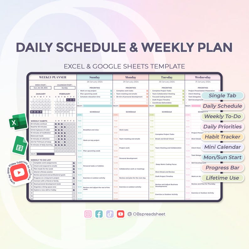 Daily Schedule & Weekly Plan - Excel and Google Sheets Template - Daily ...