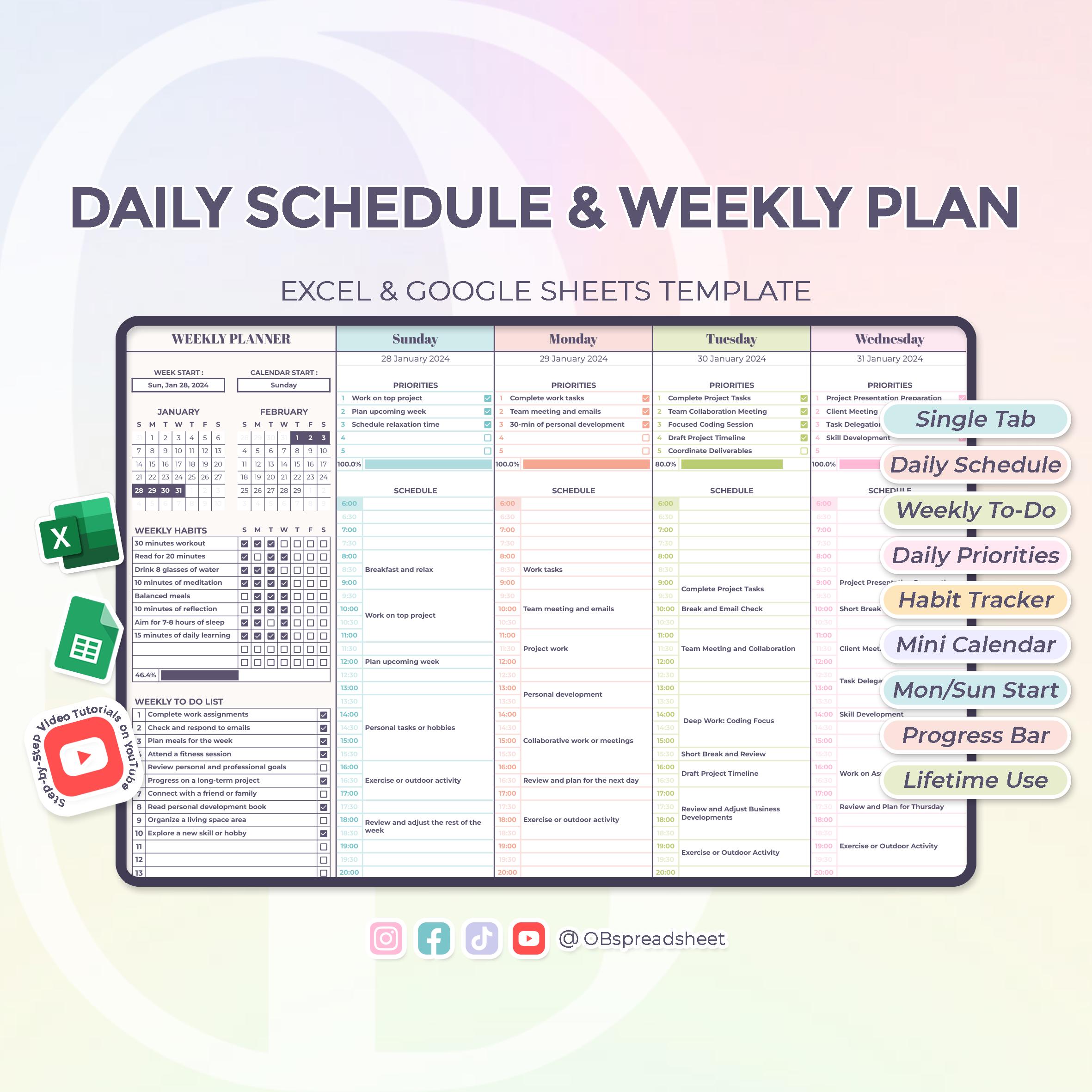 Daily Schedule & Weekly Plan - Excel and Google Sheets Template - Daily ...