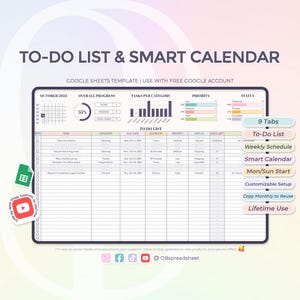 To-Do List, Smart Calendar, Daily Schedule - Lifetime Usability - Google Sheets Template - Spreadsheet - Instant Download - Pastel