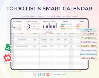 To-Do List, Smart Calendar, Daily Schedule - Lifetime Usability - Google Sheets Template - Spreadsheet - Instant Download - Pastel