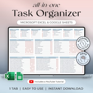 Peut inclure: Un organisateur de tâches numérique affiché sur un écran d'ordinateur portable. Le texte "all-in-one Task Organizer" est en haut, avec "MICROSOFT EXCEL & GOOGLE SHEETS" en dessous. L'organisateur comprend des tâches quotidiennes, hebdomadaires et mensuelles. L'image comprend également le texte "REUSABLE AGAIN AND AGAIN", "ADHD PROGRESS VISUALS", "Includes a YouTube Tutorial", "1 TAB | EASY TO USE | INSTANT DOWNLOAD".