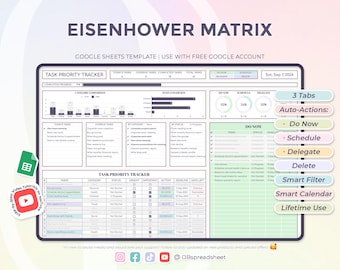 Op de afbeelding: Een digitale Eisenhower Matrix-sjabloon voor Google Sheets. De spreadsheet bevat een taakprioriteitstracker, met secties voor taken, categorieën, status en deadlines. Inclusief automatische acties, slimme filters en een slimme kalender. De tekst "EISENHOWER MATRIX" staat bovenaan.