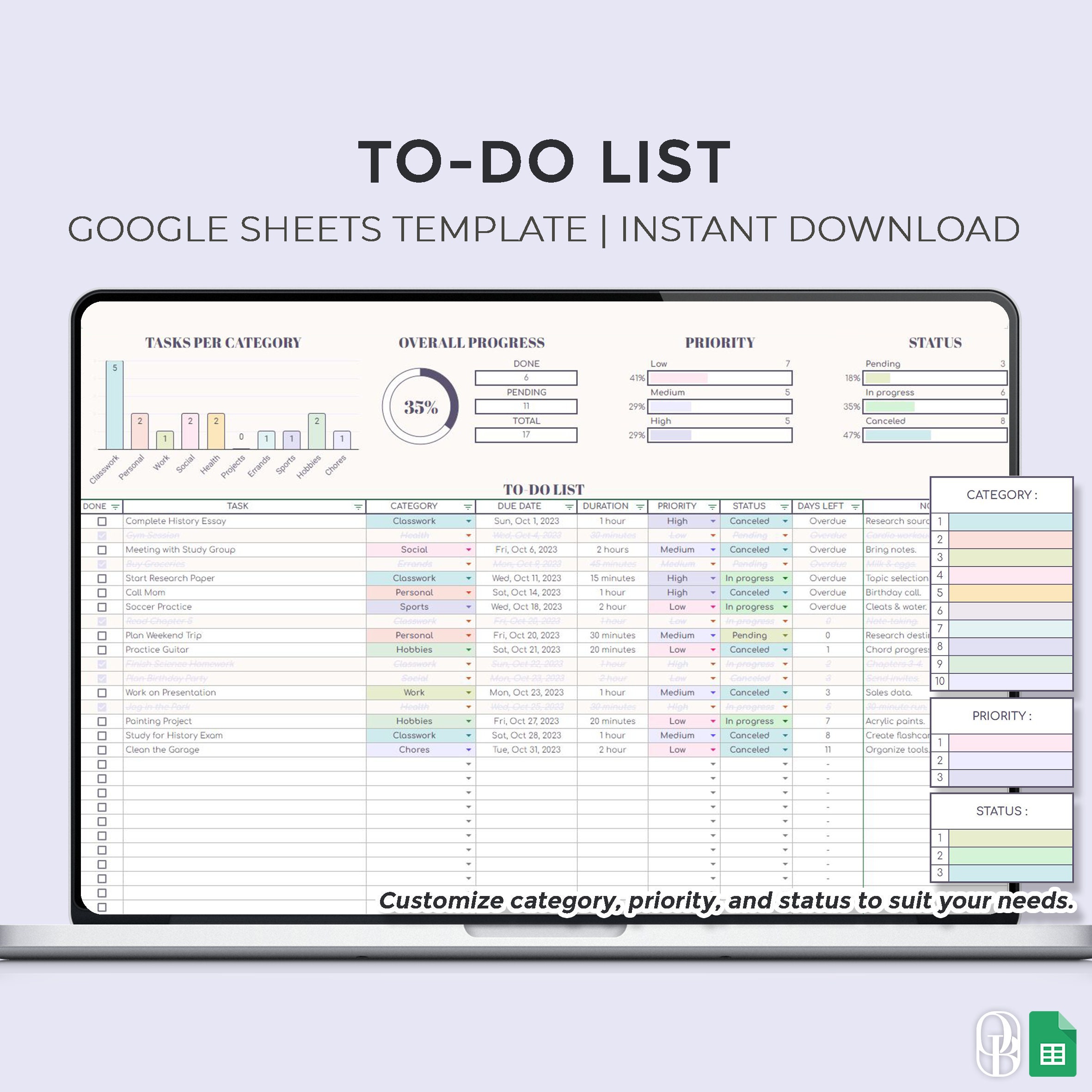 To Do List Task Tracker Customizing Category Priority Status Google ...