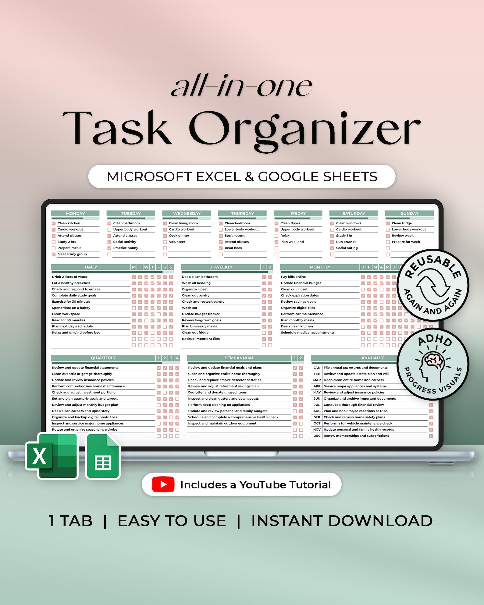 All in One Task Organizer - to Do List - Daily Weekly Monthly Annually ...