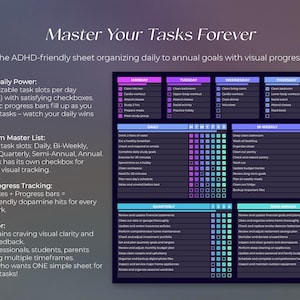 May include: A digital planner with a dark purple and blue gradient background. The planner is designed to help organize daily, weekly, and long-term tasks. The text "Master Your Tasks Forever" is at the top.