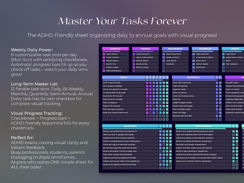May include: A digital planner with a dark purple and blue gradient background. The planner is designed to help organize daily, weekly, and long-term tasks. The text "Master Your Tasks Forever" is at the top.