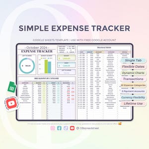 Rastreador de gastos simple - Planificador de finanzas personales - Plantilla de Hojas de cálculo de Google - Descarga instantánea
