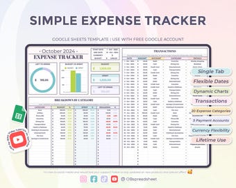 Outil de suivi des dépenses simple - planificateur de finances personnelles - modèle de feuilles de calcul Google - feuille de calcul - téléchargement immédiat