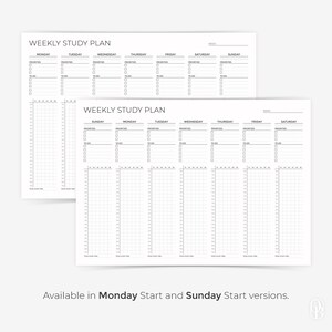 May include: Two white weekly study plan sheets with a grid layout for scheduling. Each day of the week is listed across the top, with space for priorities and time slots. The text "WEEKLY STUDY PLAN" is at the top. Available in Monday and Sunday start versions.