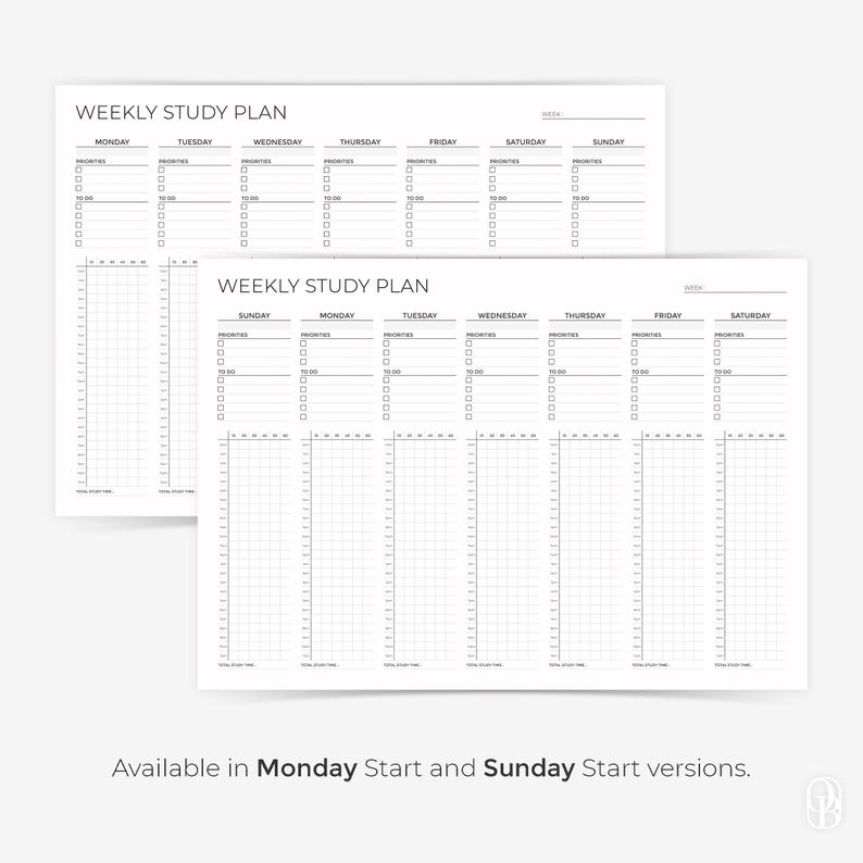 May include: Two white weekly study plan sheets with a grid layout for scheduling. Each day of the week is listed across the top, with space for priorities and time slots. The text "WEEKLY STUDY PLAN" is at the top. Available in Monday and Sunday start versions.
