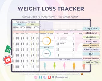 Weight Loss Tracker - Daily Weight Log - Weight Journal - BMI - Google Sheets Template - Spreadsheet - Instant Download