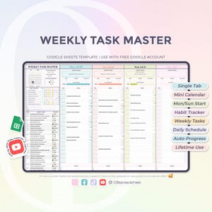 Puede incluir: Una plantilla de planificador digital llamada "WEEKLY TASK MASTER" para Google Sheets. La imagen muestra un horario semanal detallado con secciones para tareas, fechas y notas. Incluye un mini calendario, un rastreador de hábitos y progreso automático.