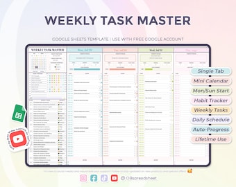 Weekly Task Master - Google Sheets Template - Daily Checklist - Weekly To Do List - Weekly Planner - Spreadsheet - Instant Download