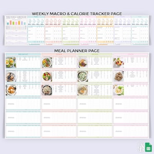 Pode incluir: Uma p&aacute;gina de planejador de refei&ccedil;&otilde;es imprim&iacute;vel com um rastreador semanal de macros e calorias. A p&aacute;gina &eacute; dividida em se&ccedil;&otilde;es para o caf&eacute; da manh&atilde;, almo&ccedil;o, jantar e lanches. Cada se&ccedil;&atilde;o tem um espa&ccedil;o para uma foto da refei&ccedil;&atilde;o e uma tabela para acompanhar as calorias, macros e outras informa&ccedil;&otilde;es nutricionais.