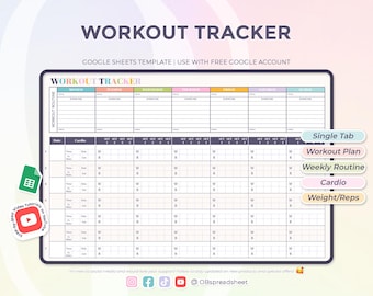 Workout Tracker - Daily Weekly Exercise Planner - Fitness Tracker - Gewichtheffen - Google Spreadsheets-sjabloon - Spreadsheet - Direct downloaden