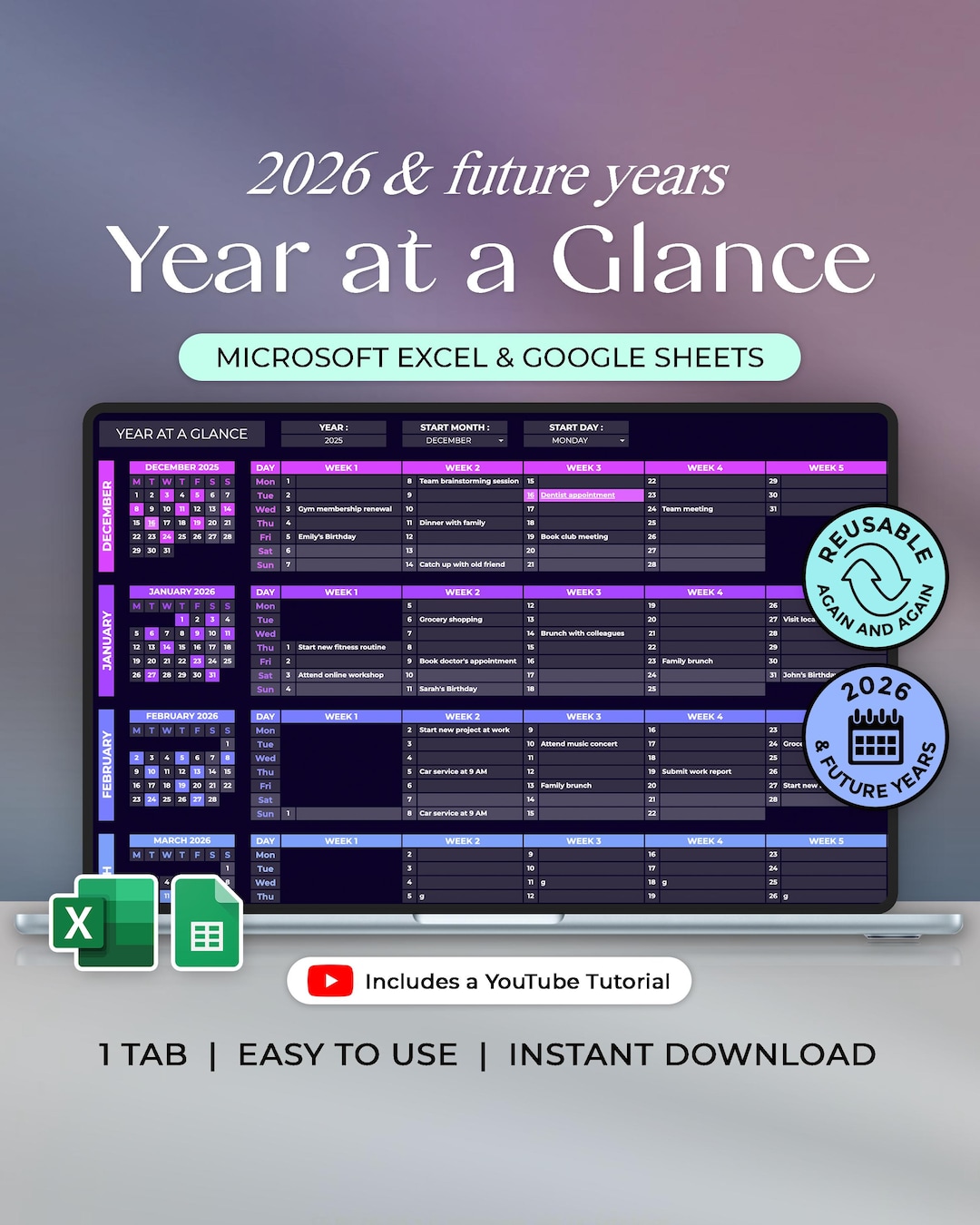 Year at a Glance - 2026 & Future Years - Annual Planner - Yearly Plan ...