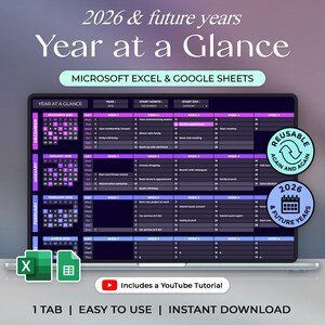 May include: A digital planner displayed on a tablet screen, featuring a calendar layout for 2026 and future years. The design includes a purple and black color scheme, with the text "Year at a Glance" and "Microsoft Excel & Google Sheets". Includes a YouTube tutorial.