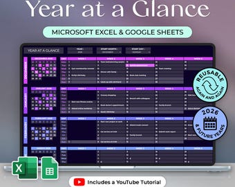 Resumen del año - 2026 y años futuros - Planificador anual - Plan anual - Calendario - Excel y Hojas de cálculo de Google - Tema oscuro - Descarga instantánea
