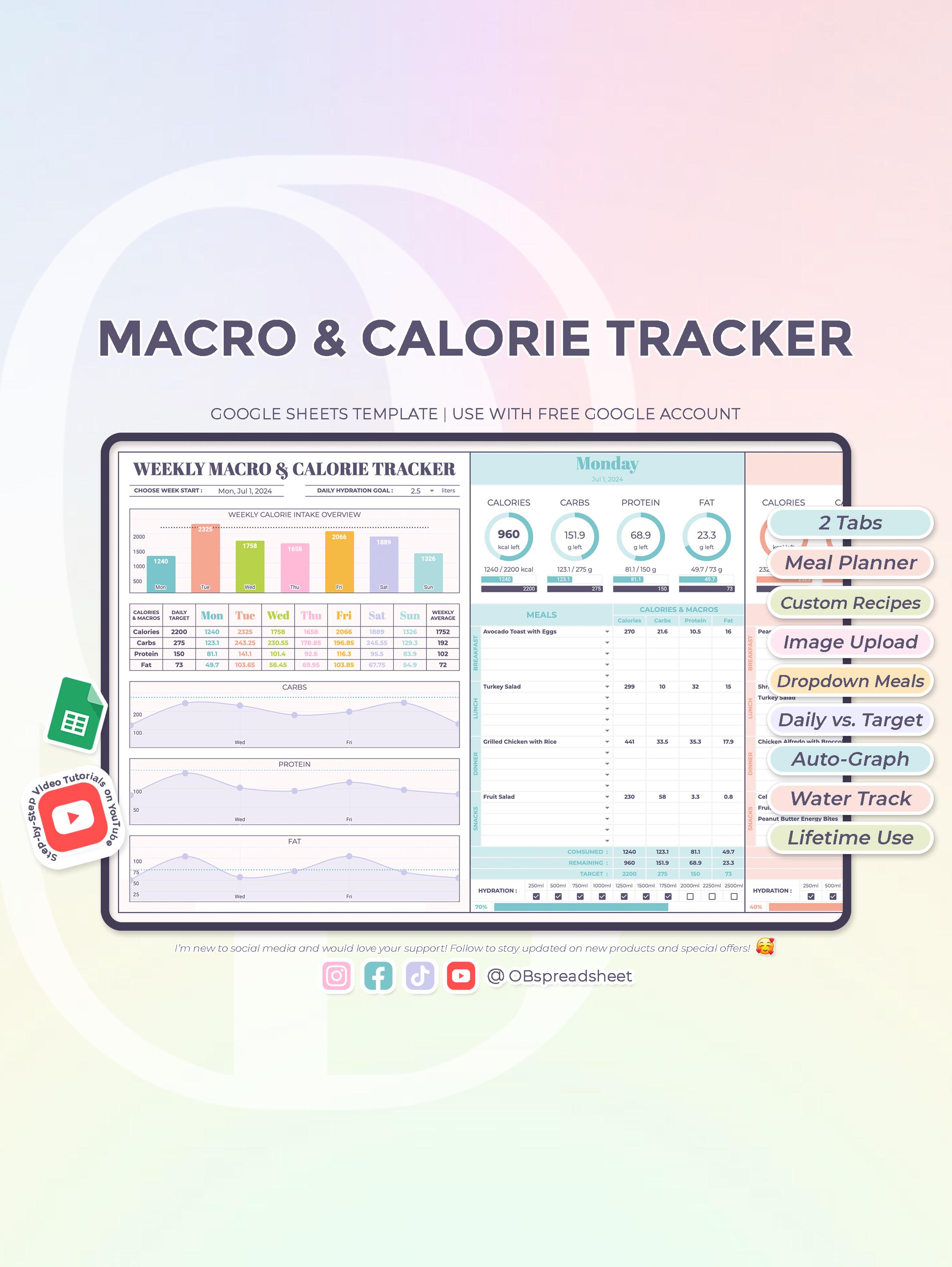 Weekly Macro & Calorie Tracker + Meal Planner - Counter - Google Sheets Template - Spreadsheet - Instant Download