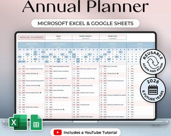 Planificador anual - 2026 y años futuros - Eventos, cumpleaños, notas diarias - Calendario - Excel y Hojas de cálculo de Google - Tema del océano - Descarga instantánea