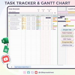 Aufgabentracker & Gantt Chart - Lifetime Usability - To Do Liste - Projektmanagement - Excel und Google Sheets Template - Sofort Download