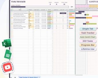 Task Tracker & Gantt Chart - Lifetime Usability - To Do List - Project Management - Excel and Google Sheets Template - Instant Download