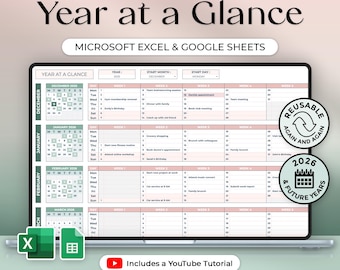 Resumen del año - 2026 y años futuros - Planificador anual - Plan anual - Calendario - Excel y Hojas de cálculo de Google - Tema Naturaleza - Descarga instantánea