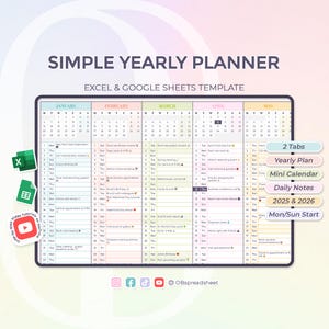 2025 2026 Simple Yearly Planner - Excel and Google Sheets - Monday/Sunday - Events, Birthdays & Daily Notes - Calendar - Instant Download image 4