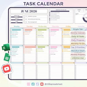 生涯タスクカレンダー - 月間カレンダー - 年数無制限 - 日曜月曜開始 - Excel および Google スプレッドシートテンプレート - すぐにダウンロード