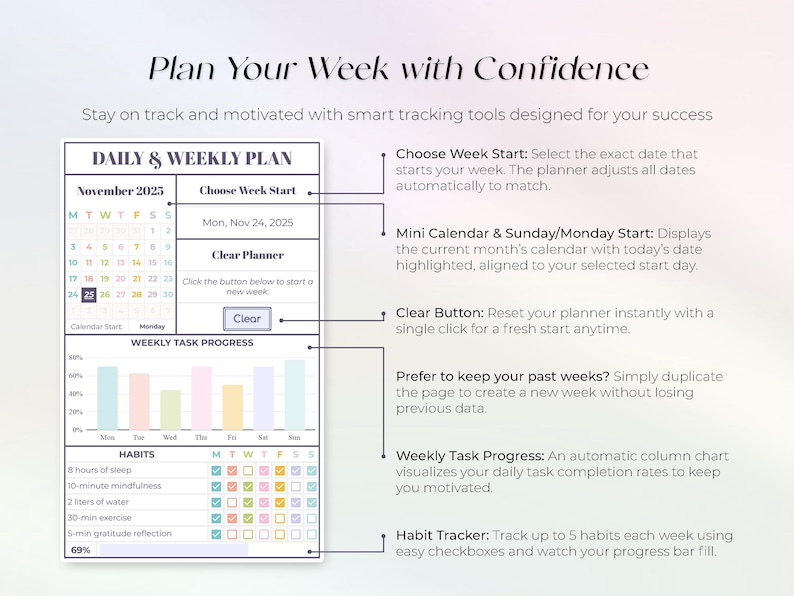 Daily & Weekly Plan + Clear Button - ADHD Planner - Excel and Google ...