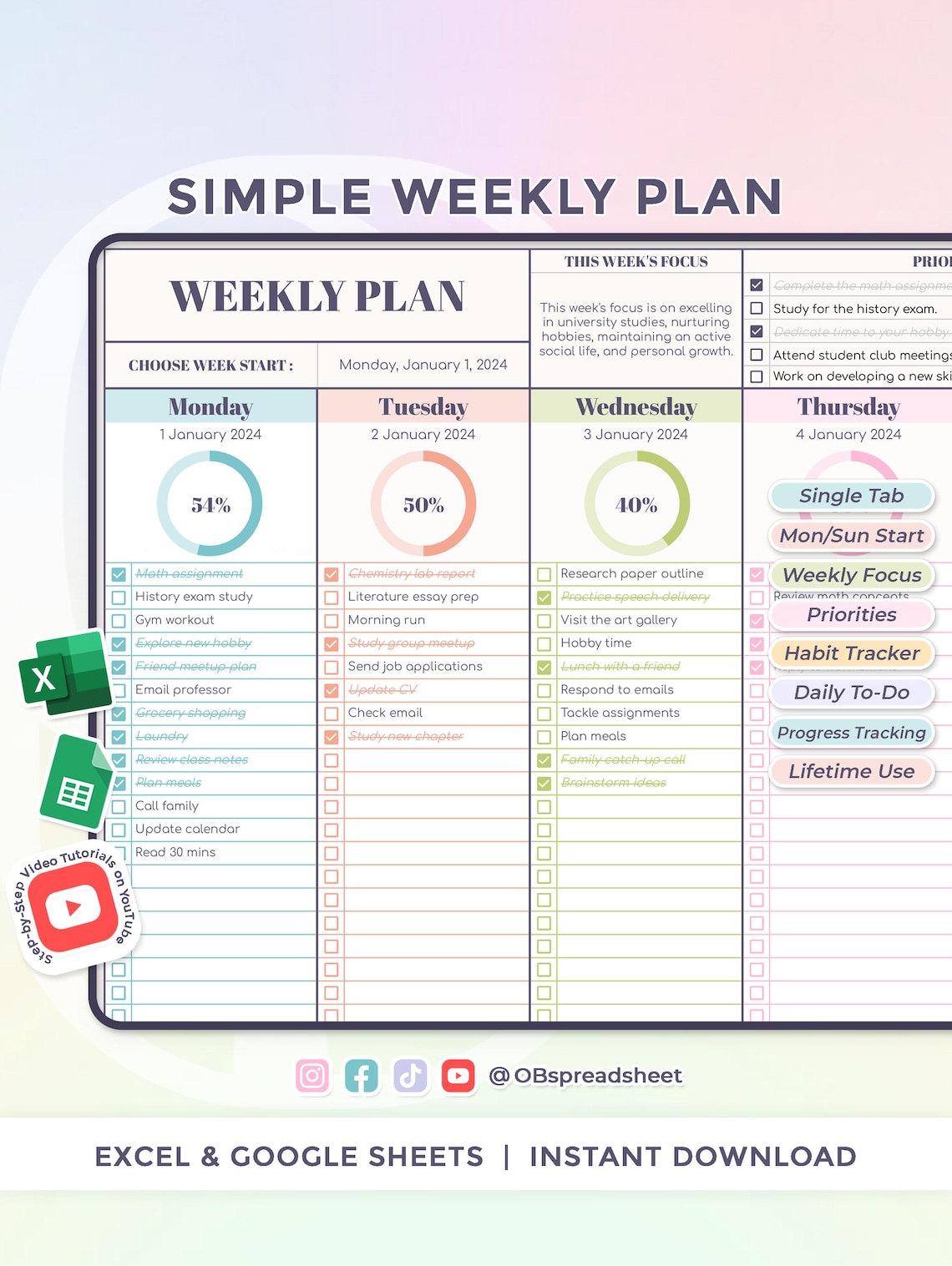 Simple and Effective Weekly Planner - Excel and Google Sheets Template ...