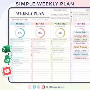 Einfacher und effektiver Wochenplaner - Excel und Google Sheets Vorlage - Tabelle - Tages- und Wochenplan - Sofortdownload