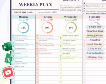 Simple and Effective Weekly Planner - Excel and Google Sheets Template - Spreadsheet - Daily and Weekly Plan - Instant Download