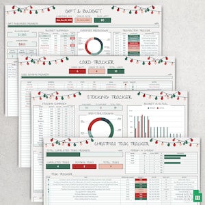 May include: A printable Christmas planner with a festive green and red colour scheme. The planner includes sections for gift tracking, budget, stocking fillers, and Christmas tasks. The planner is decorated with a string of lights and a Christmas tree.