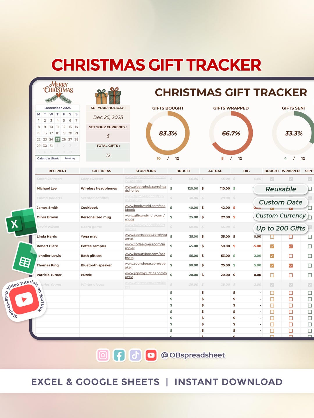 Christmas Gift Tracker - Excel and Google Sheets Template - Spreadsheet ...