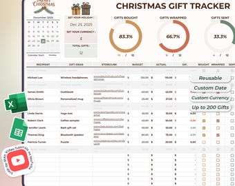 Christmas Gift Tracker - Excel and Google Sheets Template - Spreadsheet - Instant Download