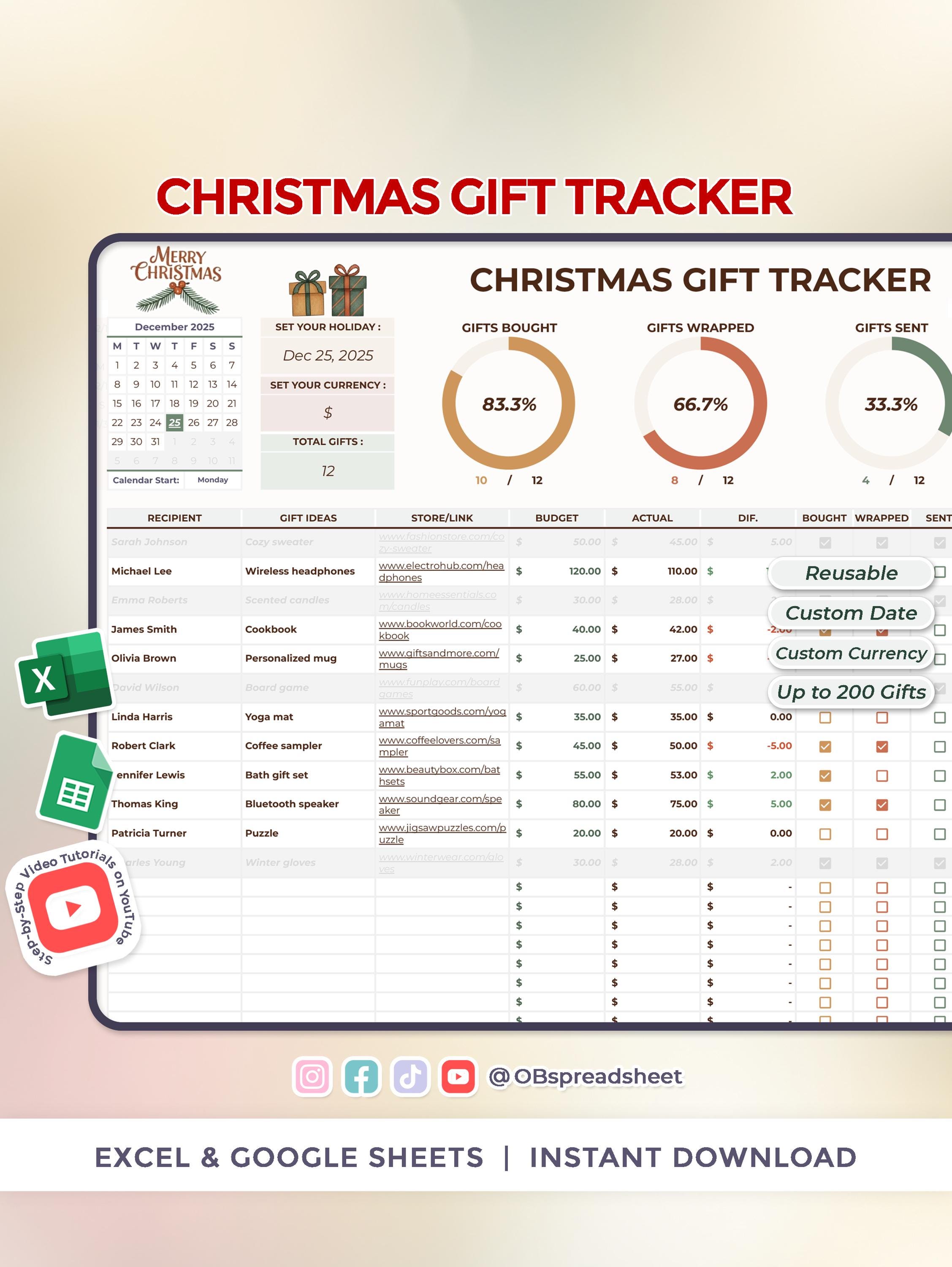 Christmas Gift Tracker - Excel and Google Sheets Template - Spreadsheet ...