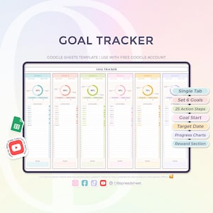 Goal Tracker - Rimani sulla buona strada, realizza i tuoi sogni - Passaggi d'azione - Task Tracker - Modello di Fogli Google - Foglio di calcolo - Download immediato