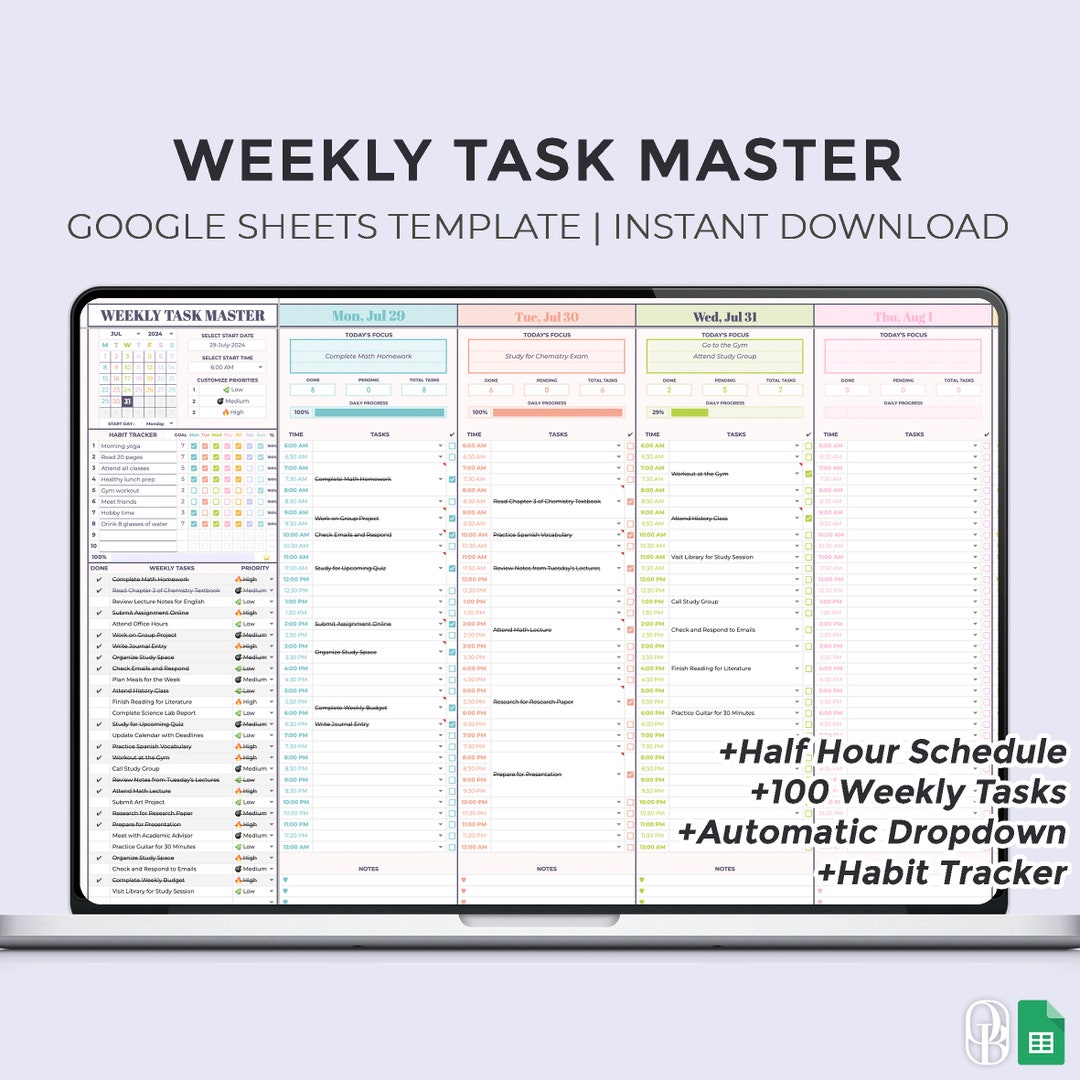 Weekly Task Master Google Sheets Template Daily Checklist Weekly to Do ...